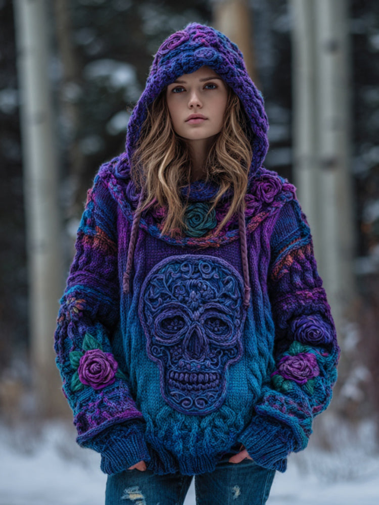 Women's Vintage Skull Floral Gradient Art Knit Hooded Sweater