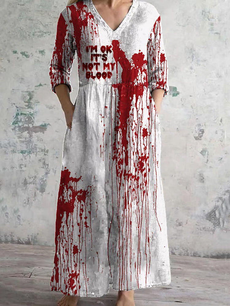Women's Blood Stains Print Cotton Graphic V-neck Dress