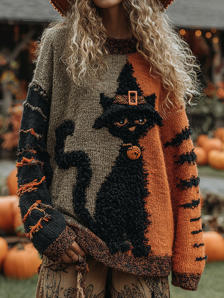 Halloween Cute Witch Cats Art Cozy Knit Sweater