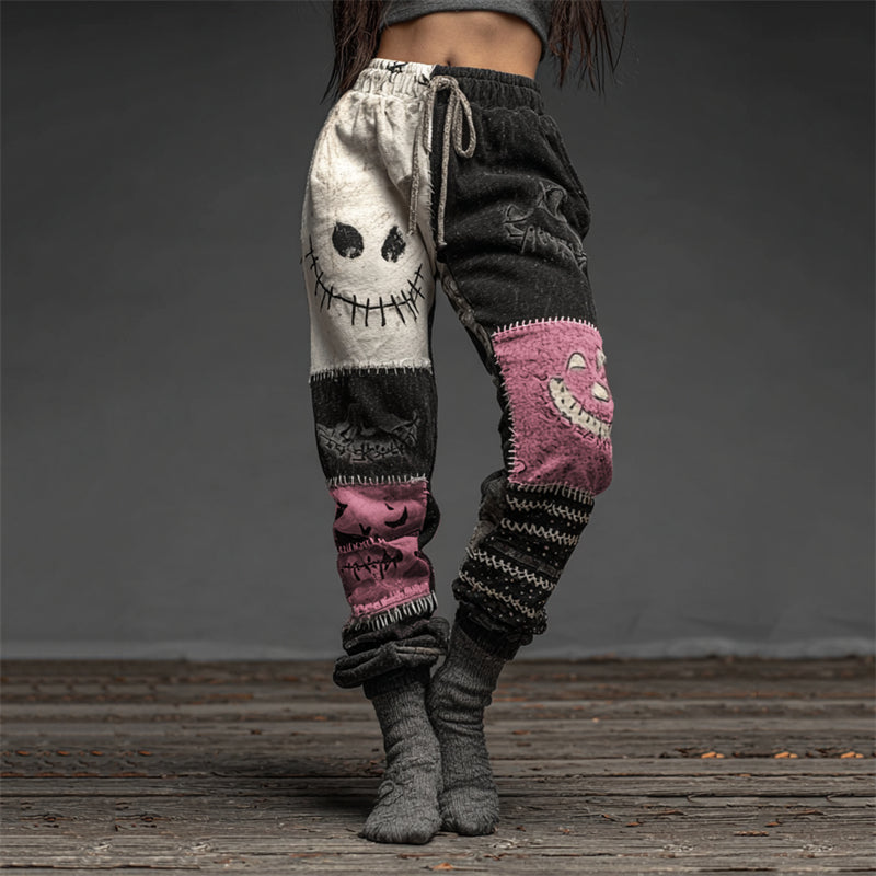 Halloween Spooky Faces Contrast Patchwork Washed Sweatpants