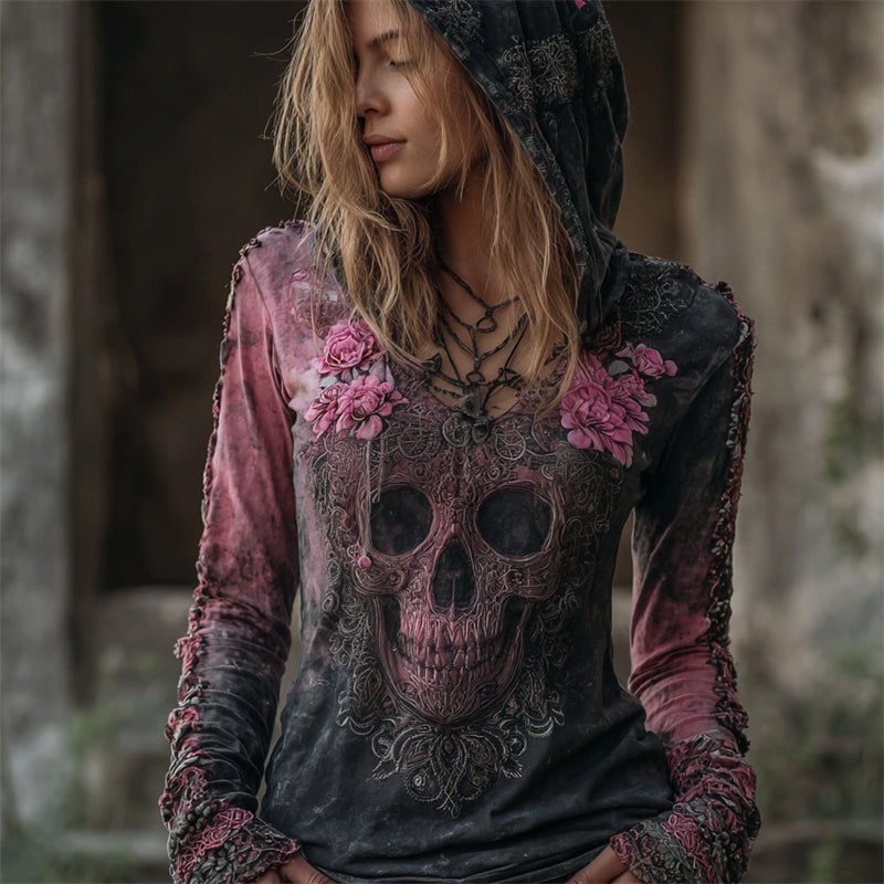 Vintage Skull Floral Fiber Art Pink Dyed Hooded T Shirt