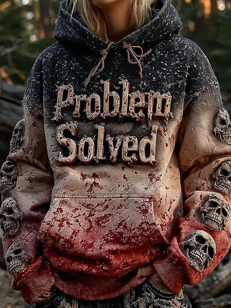 Unisex Vintage Bloody "problem Solved" With Skull Art Hoodie