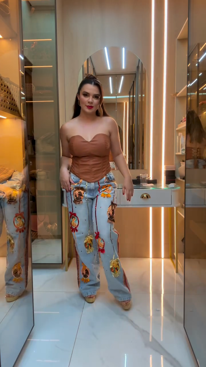 Brown Off-the-shoulder Corset Top Embroidered Denim Wide-leg Pants Set