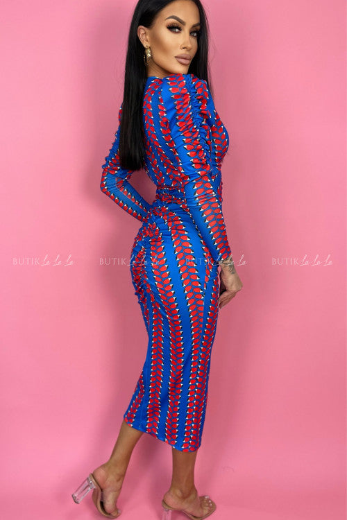 Puff Sleeve Printed Ruffled Midi Dress