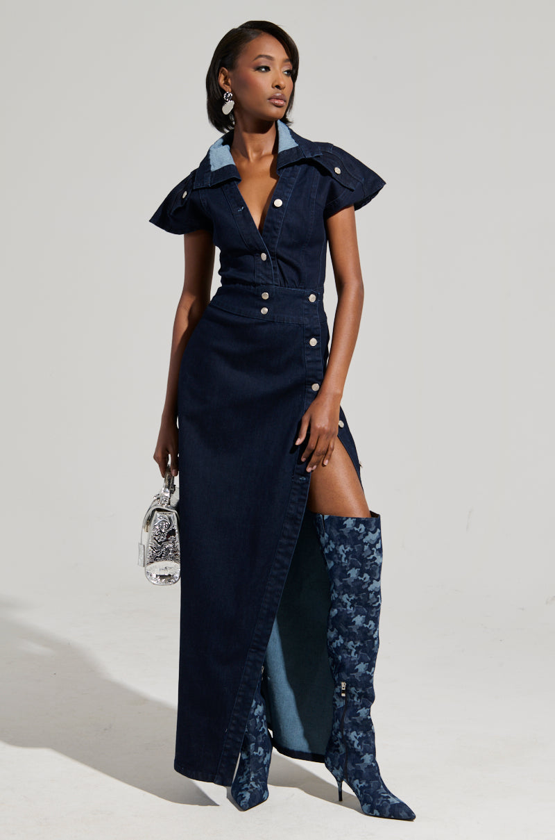 Denim Button-Up Front Slit Maxi Skirt