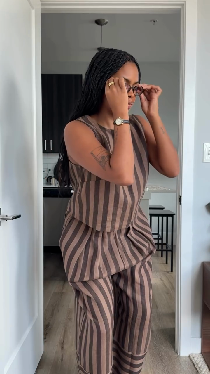 Brown and Black Striped Sleeveless Top and Wide - leg Pants Set
