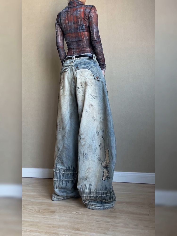 Embroidered Wide - Leg Denim Trousers