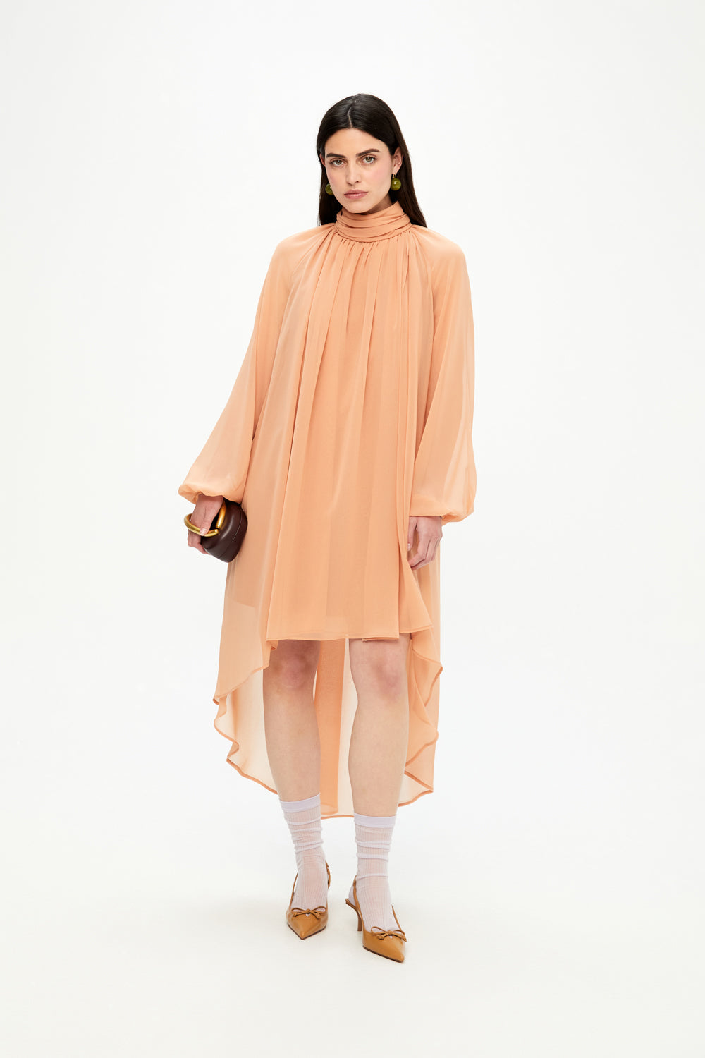 Peach - Colored High - Neck Chiffon Dress