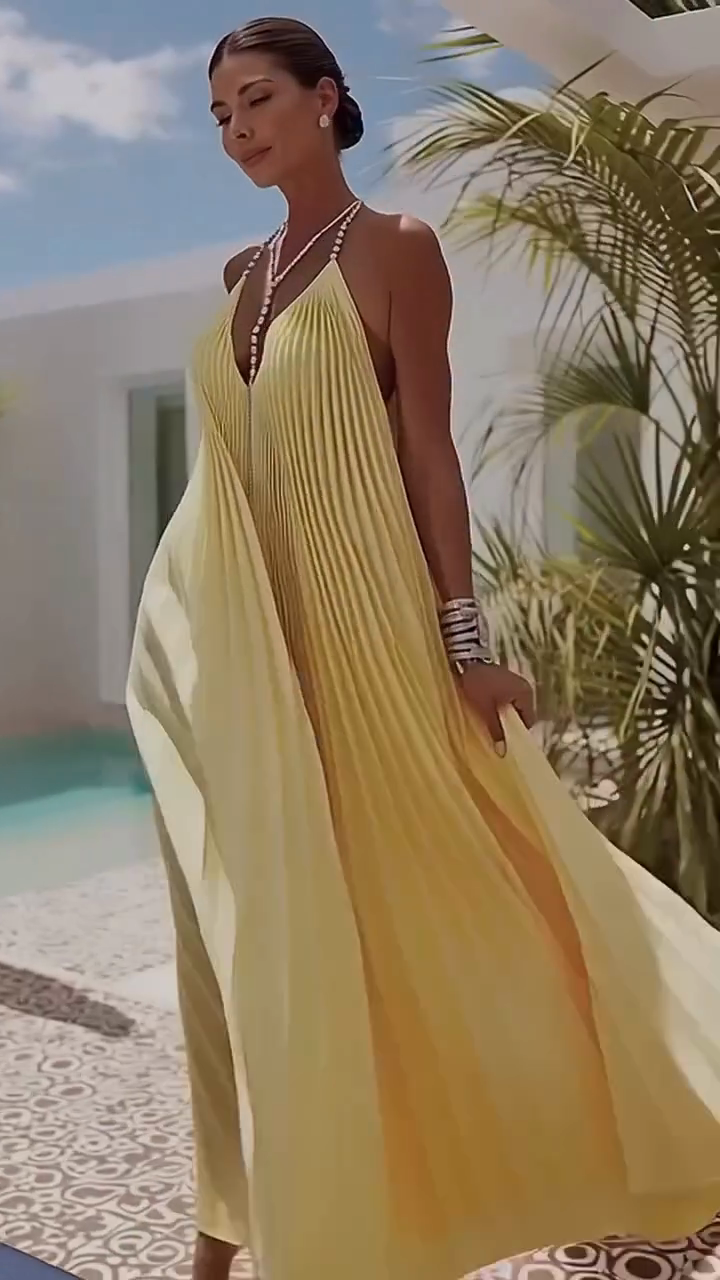 Yellow Pleated Halter Maxi Dress