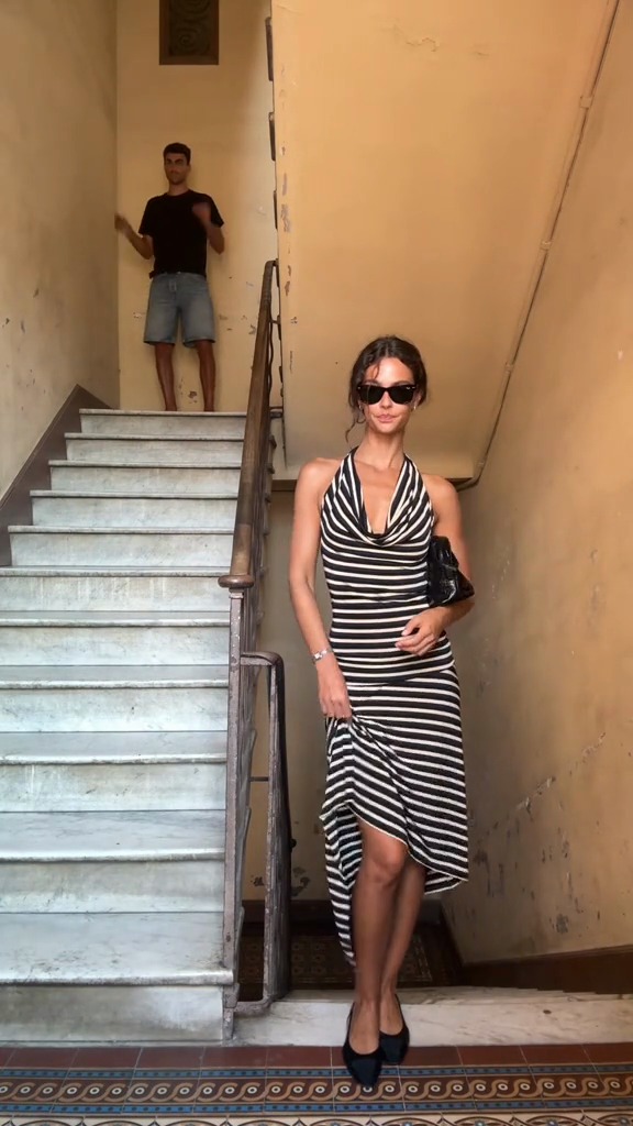 Black and White Striped Halter Dress