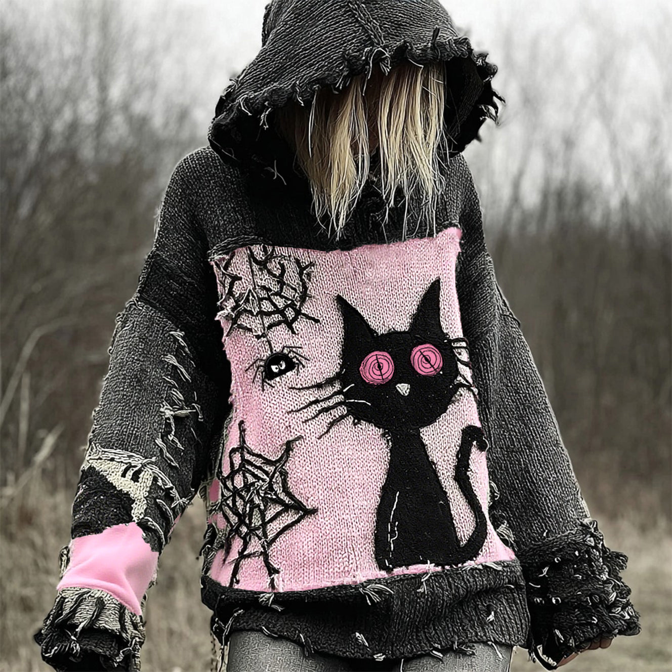 Halloween Scared Black Cat Patchwork Stitched Cozy Knit Hooded