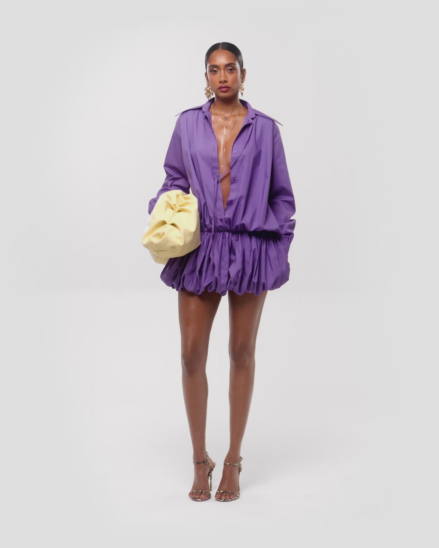 Purple Oversized Shirt Dress with Elasticized Hem