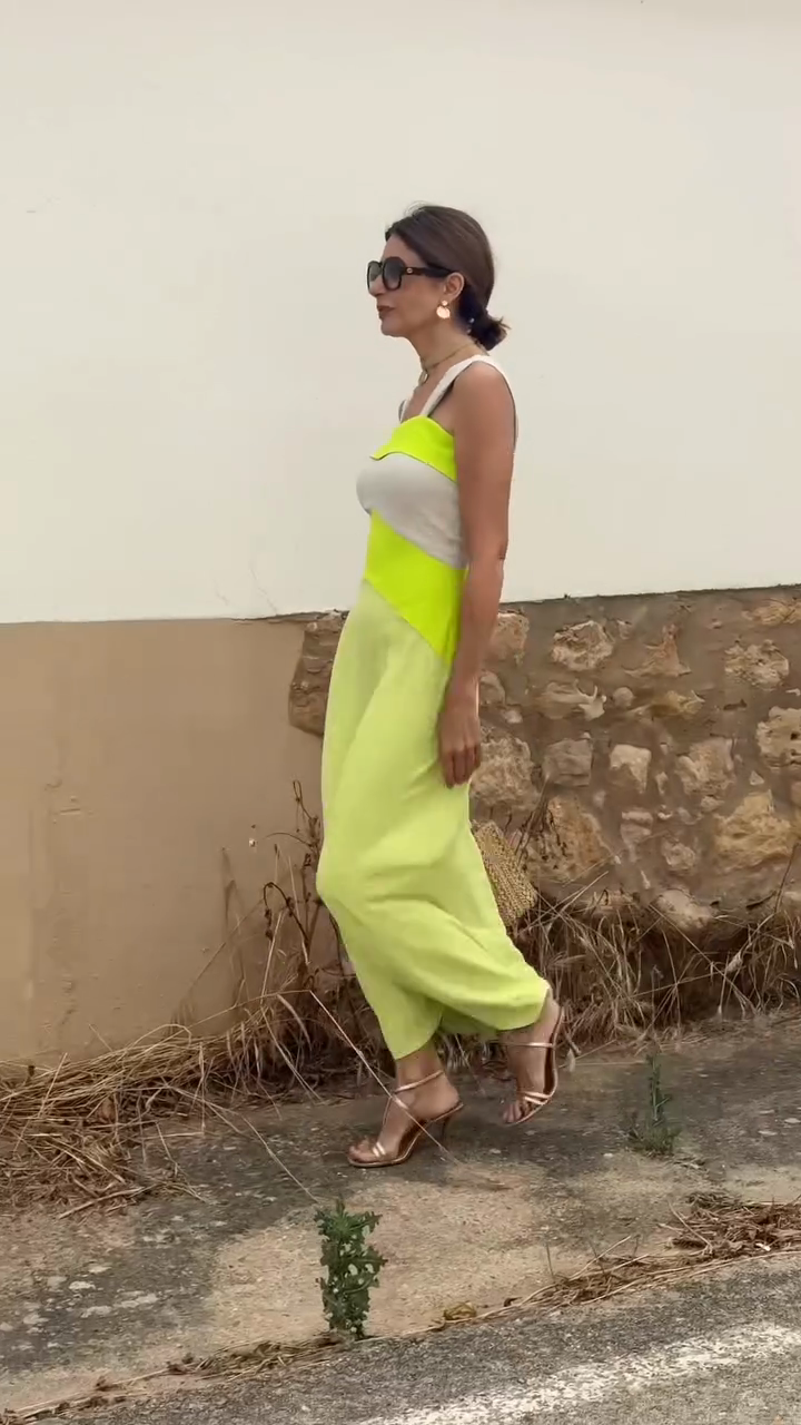 Neon Yellow and White Color - block Maxi Dress