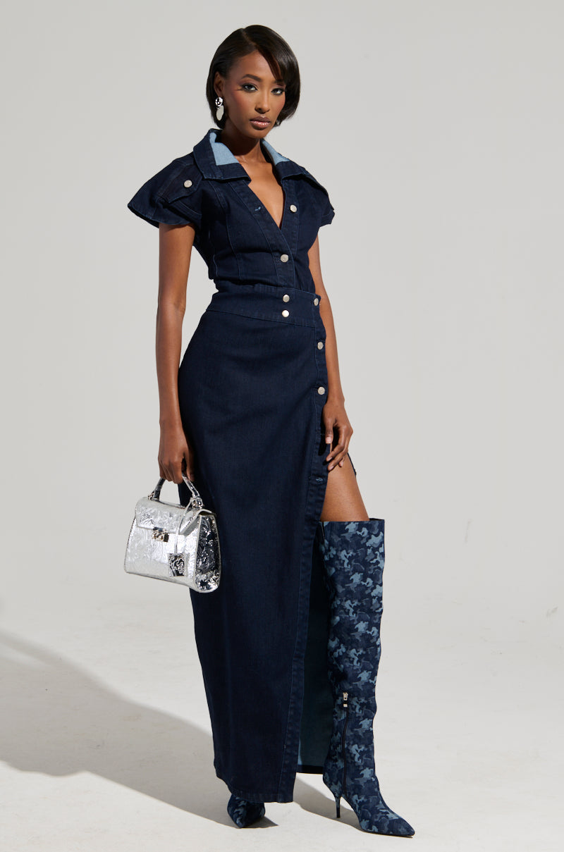 Denim Button-Up Front Slit Maxi Skirt