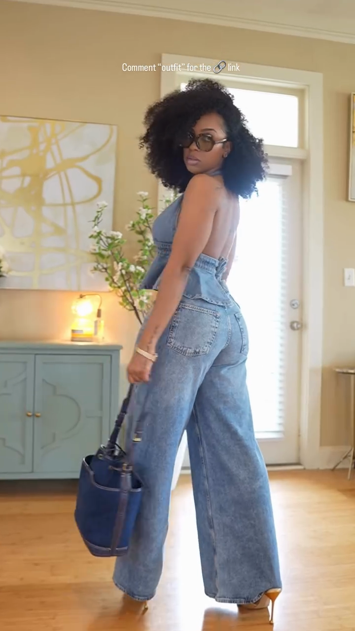 Denim Halterneck Ruffle Top and Wide-Leg Jeans Set