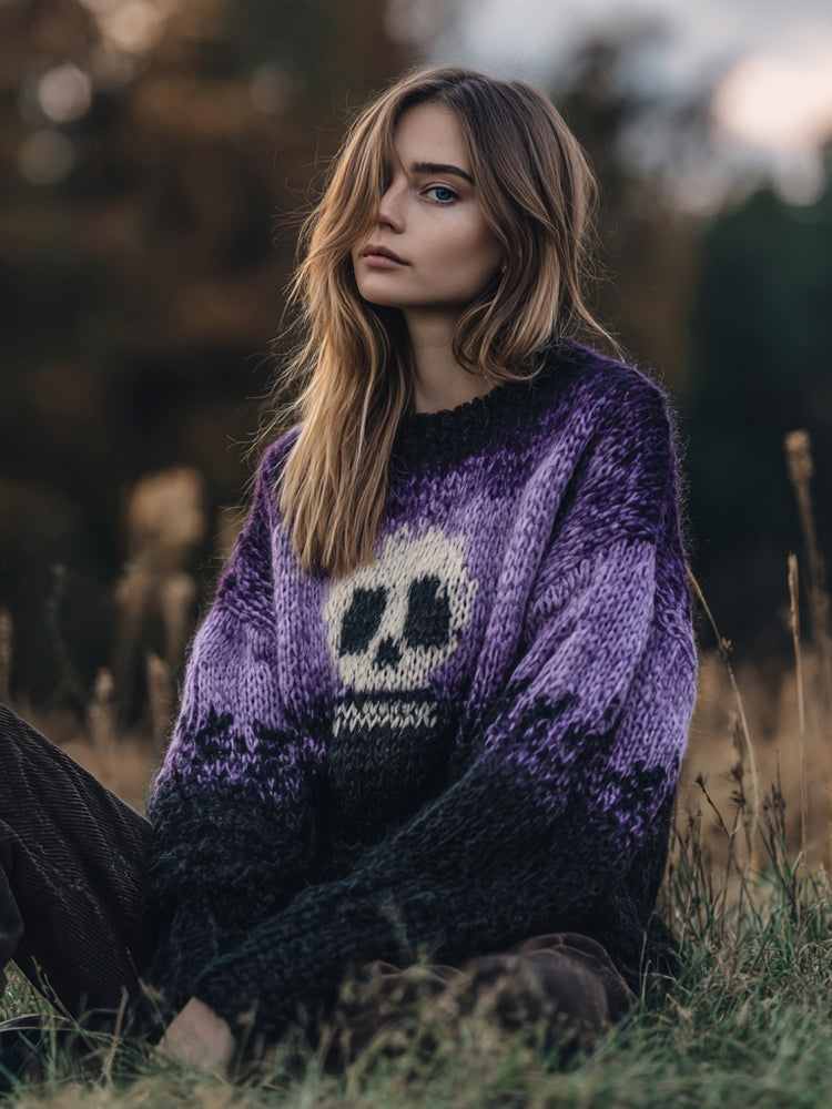Halloween Skull Pattern Purple Gradient Cozy Knit Sweater