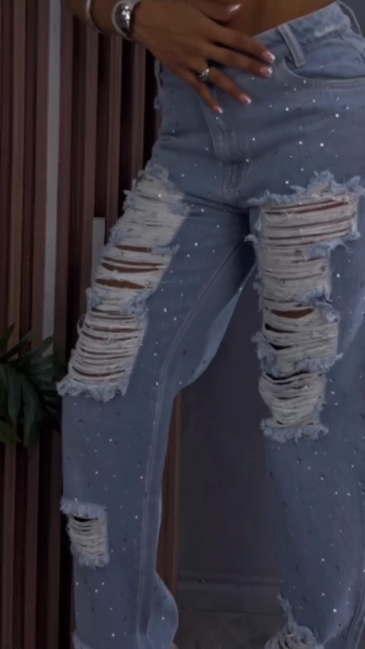 Embellished Distressed Light Blue Jeans