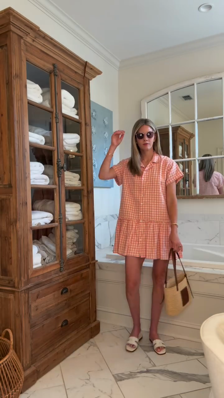 Peach Gingham Shirt Dress with Ruffle Hem