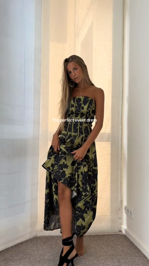 Green and Black Floral Strapless Maxi Dress