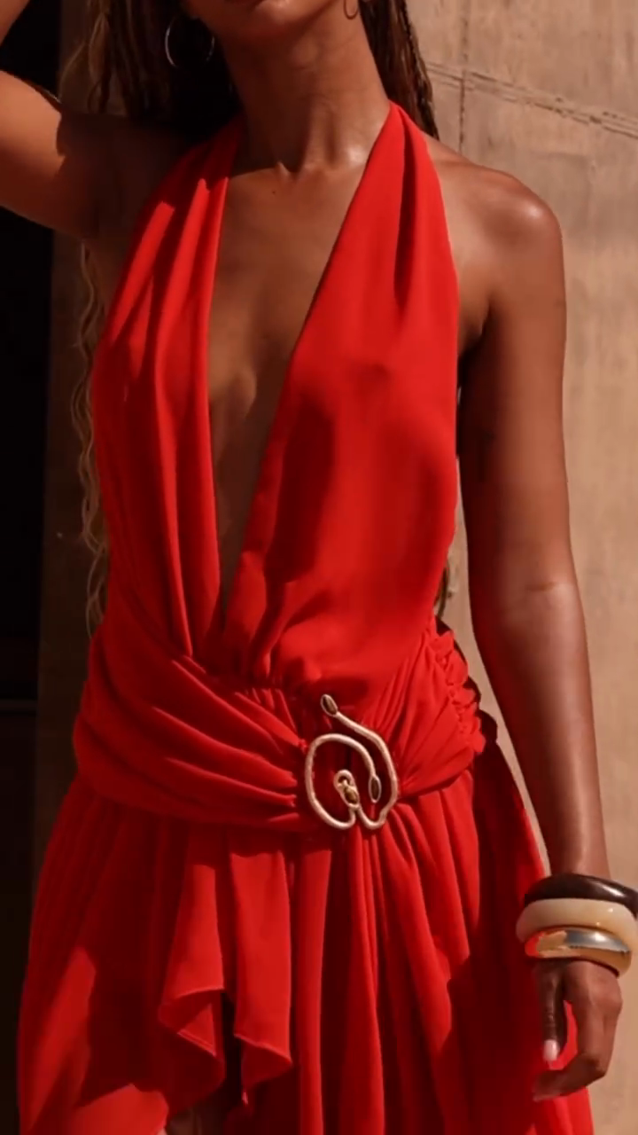 Red Halter Neck Asymmetrical Maxi Dress