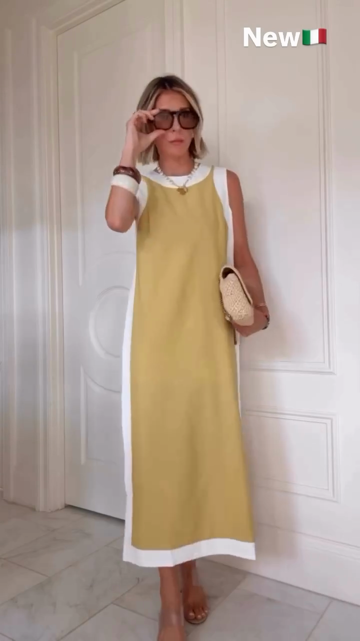 Yellow and White Sleeveless Midi Dress