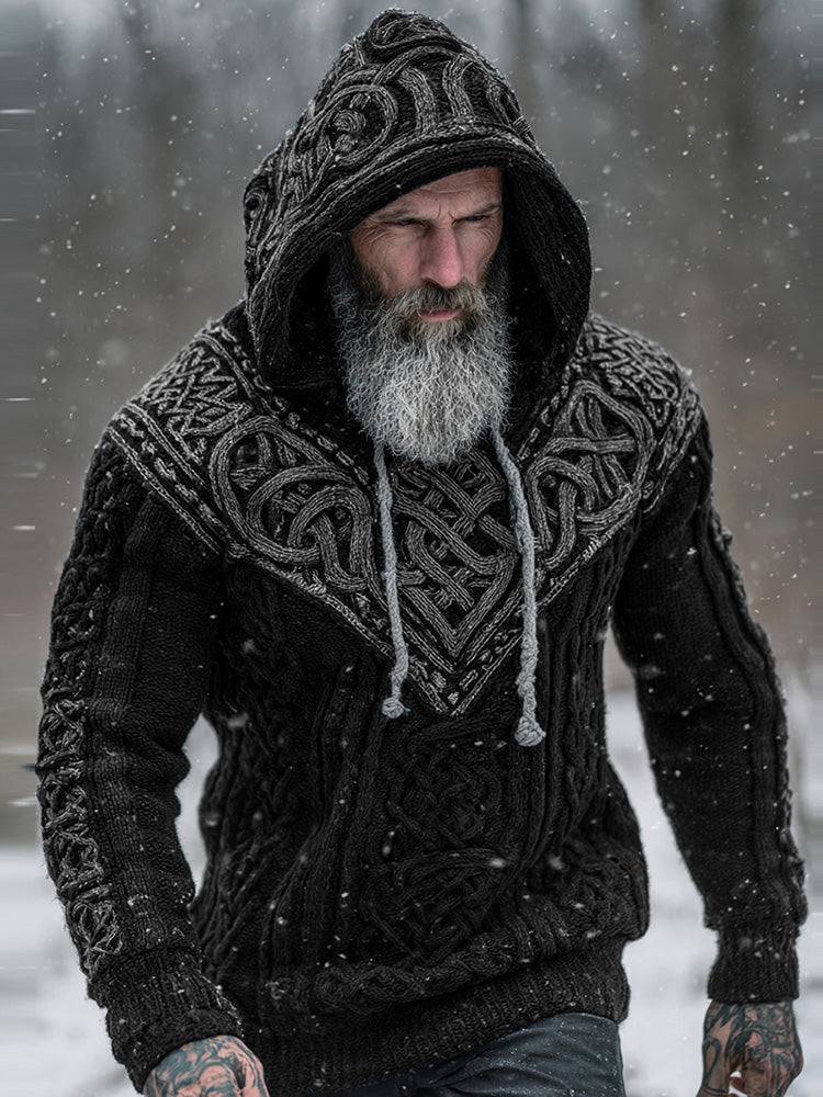 Men's Viking Tribal Jacquard Celtic Knotwork Inspired Chunky Knit Hooded Sweater