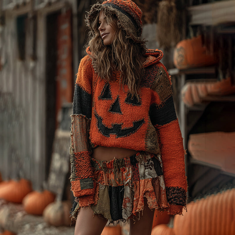 Halloween Pumpkin Face Art Cozy Knit Hooded Sweater