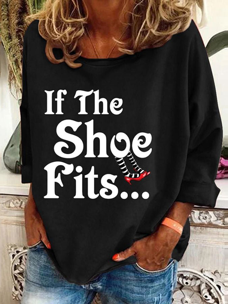 Women's Halloween Witch If The Shoe Fits Classic Ruby Red Shoes Pattern Print Long Sleeve T-Shirt