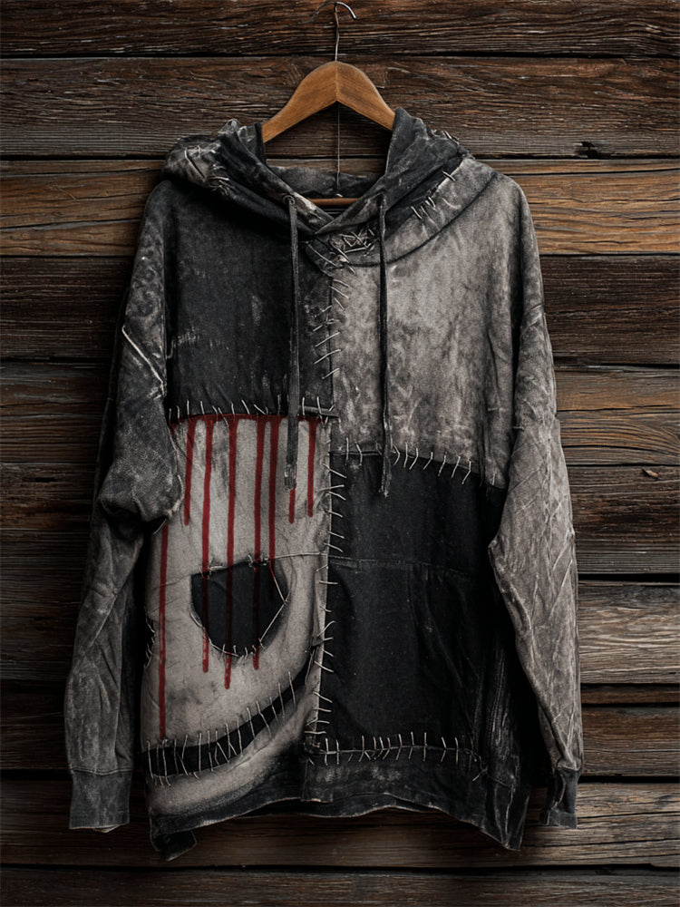 Halloween Bleeding Spooky Face Washed Patchwork Hoodie