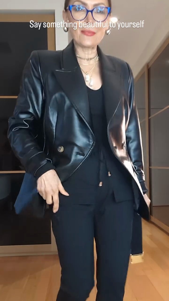 Black Leather Double - Breasted Blazer