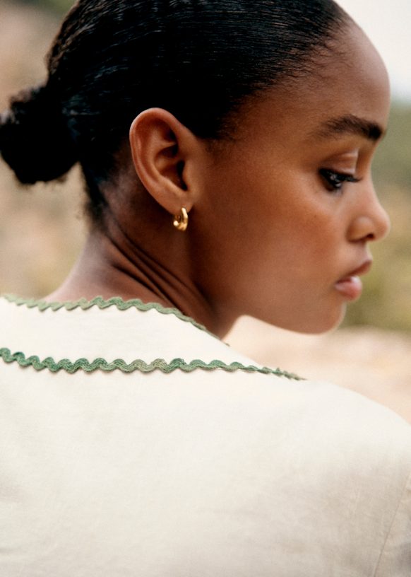 White Embroidered Short Dress with Green Detailing