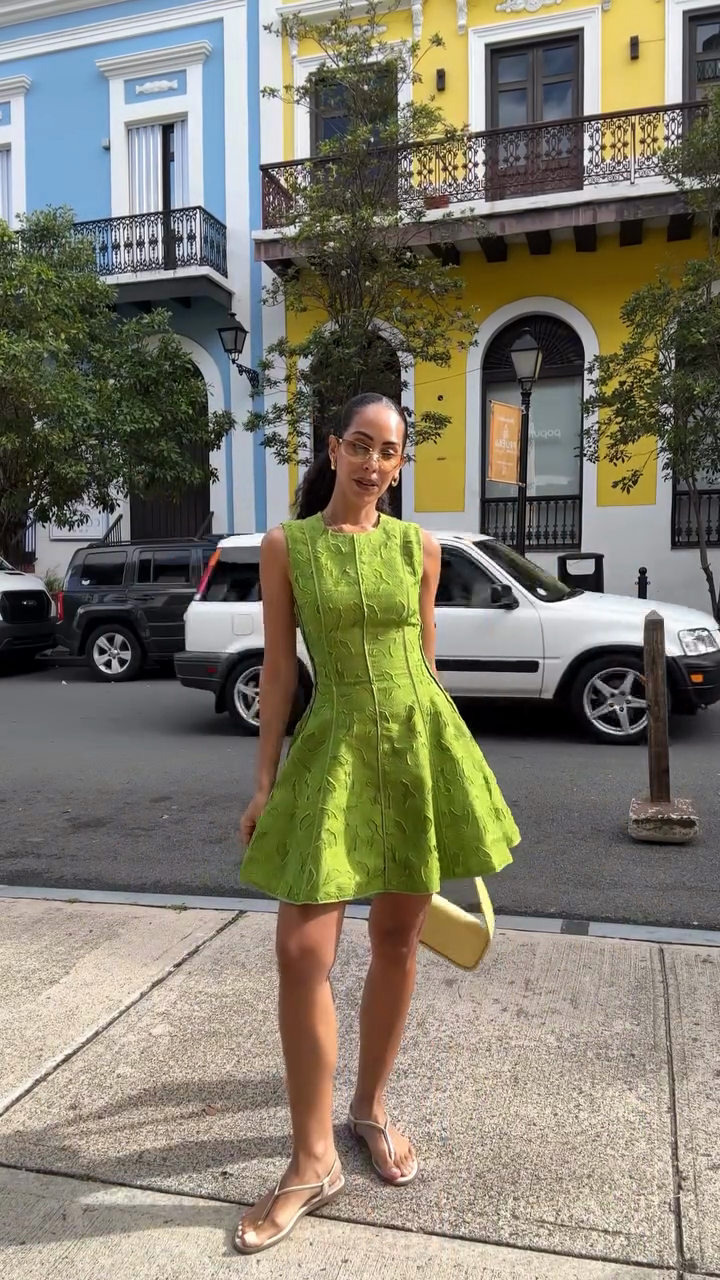 Sleeveless Green Embroidered Mini Dress