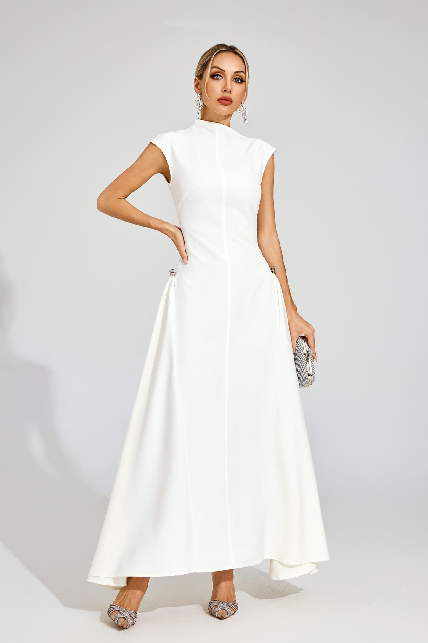 White High - Neck Maxi Dress with Side Details