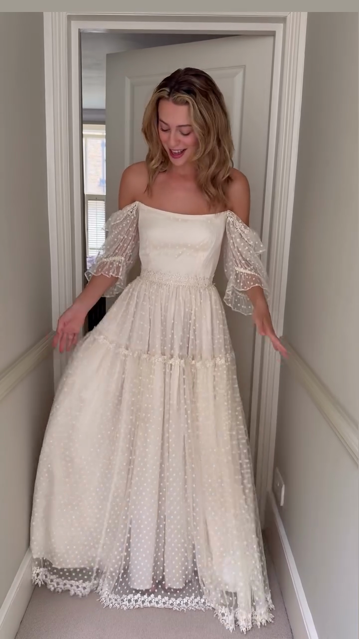 Off-the-shoulder White Polka Dot See-through Maxi Dress