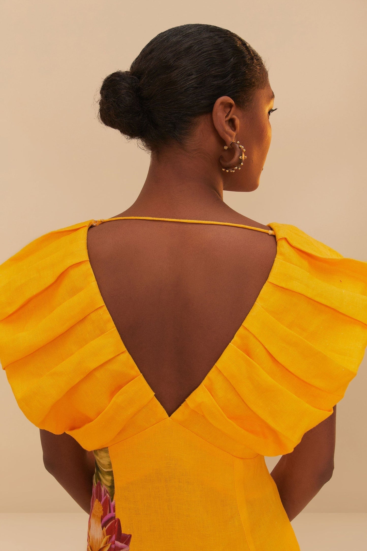 Yellow Floral Print Puff Sleeve Midi Dress