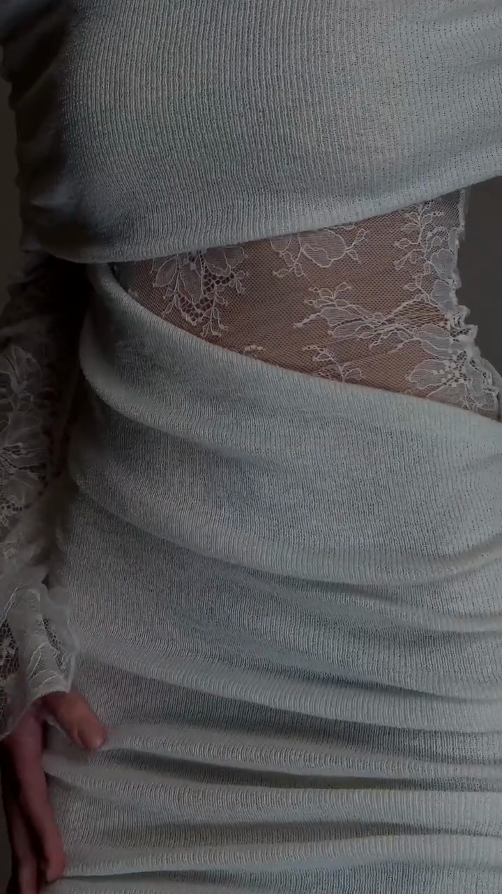 Mint Green One - Shoulder Mini Dress with Lace Sleeves