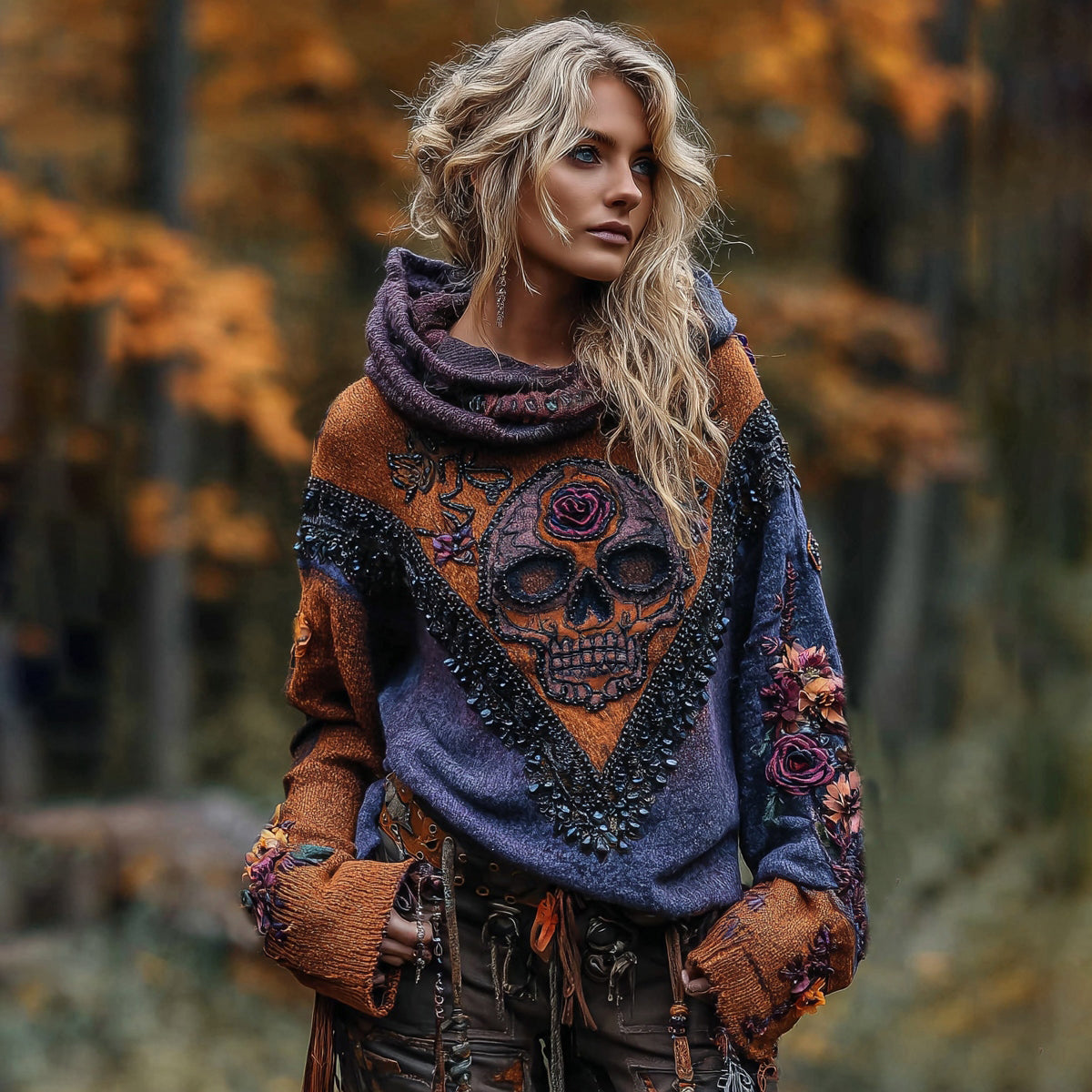 Rose Skull Gothic Color-block Hooded Sweater