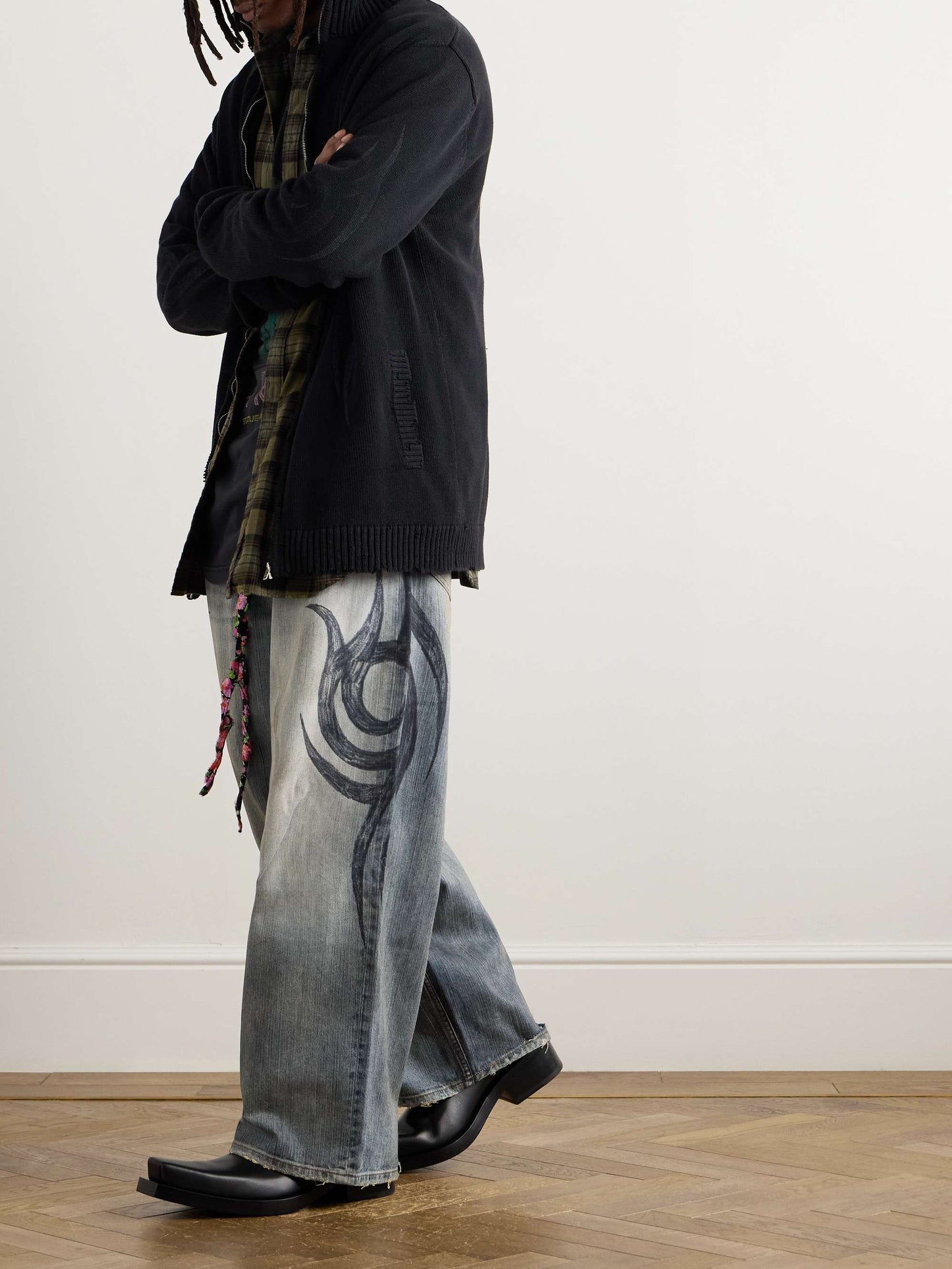 Distressed Denim Wide - Leg Jeans
