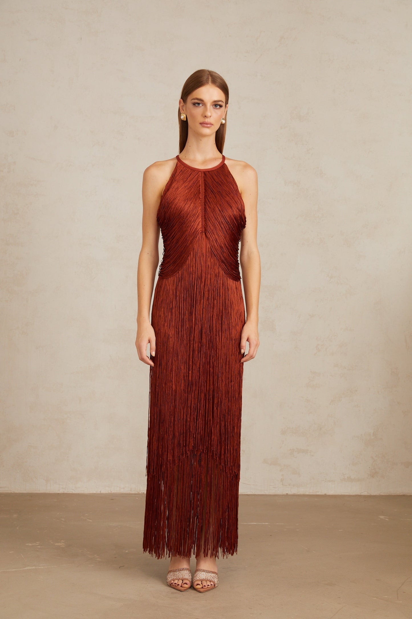 Reddish - Brown Halter Fringe Maxi Dress