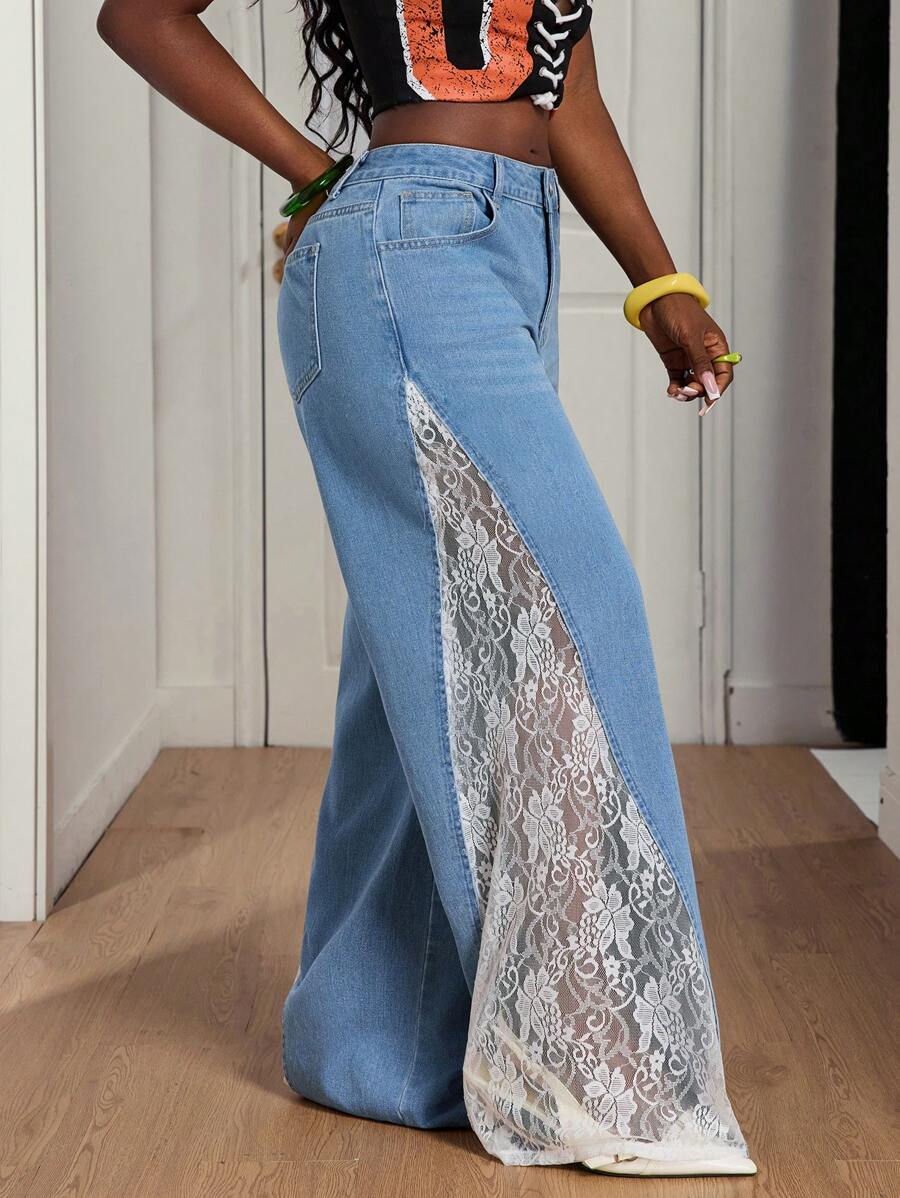 Lace - Paneled Wide - Leg Jeans