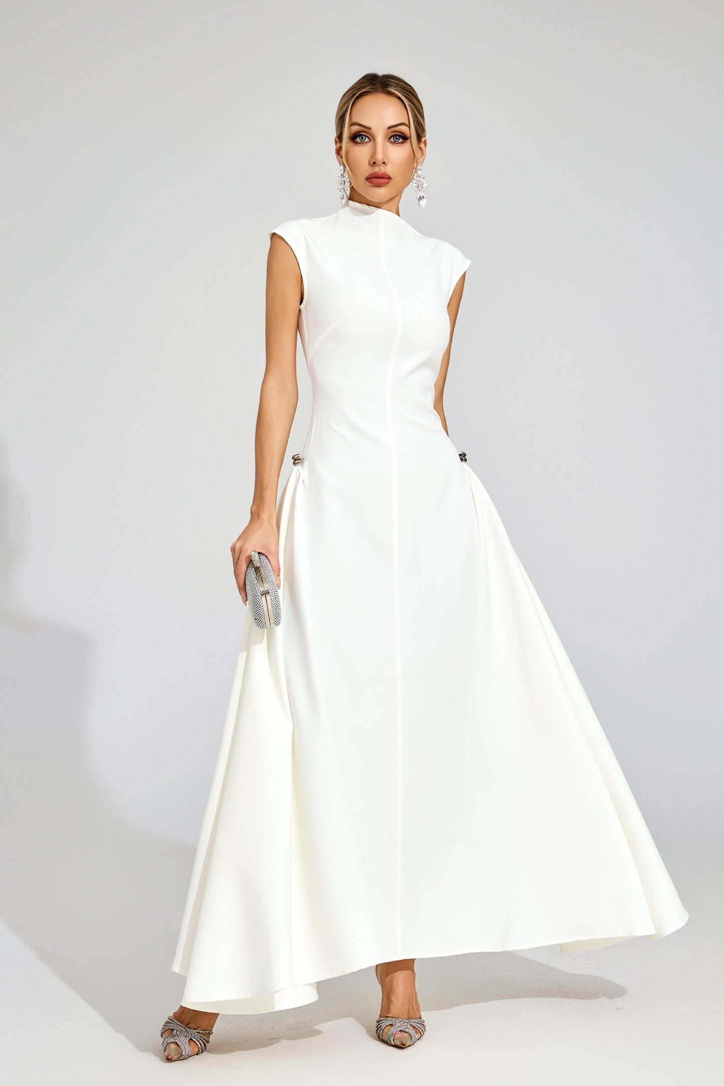White High - Neck Maxi Dress with Side Details