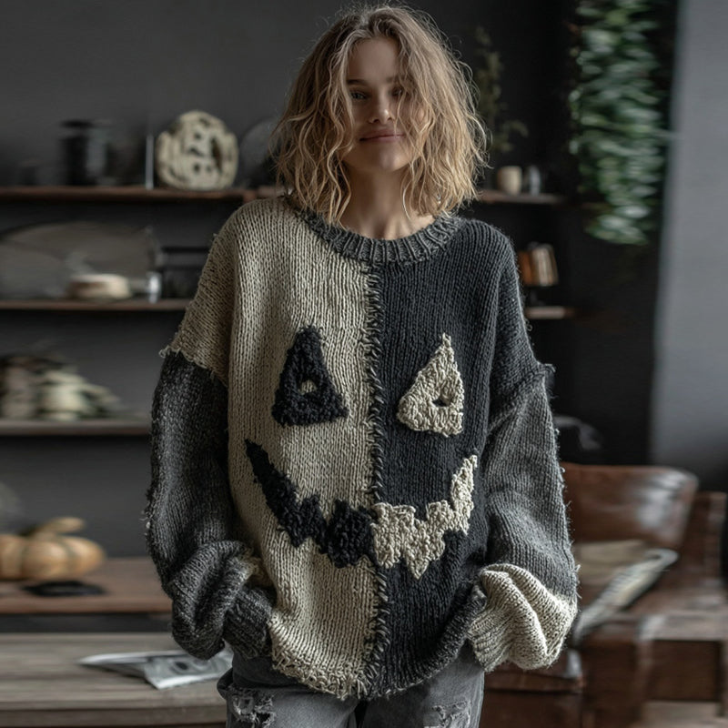 Halloween Spooky Face Colorblock Stitched Cozy Knit Sweater