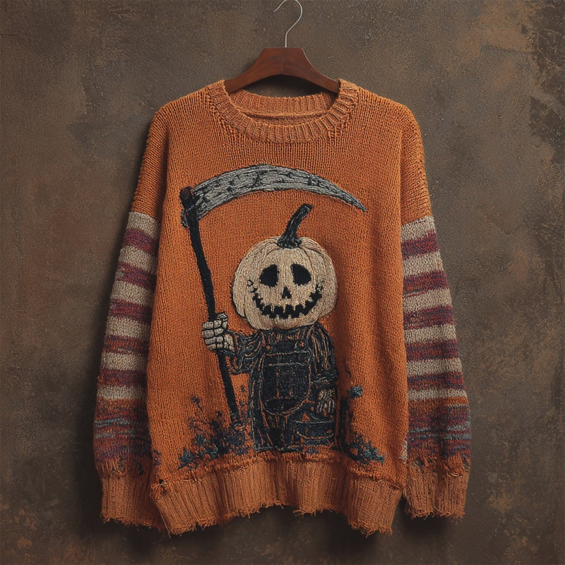 Halloween Pumpkin Ghoul Embroidered Striped Cozy Knitted Sweater