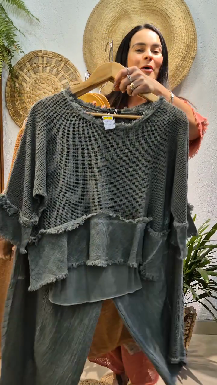 Colored Fringe - Trimmed Top and Pants Set