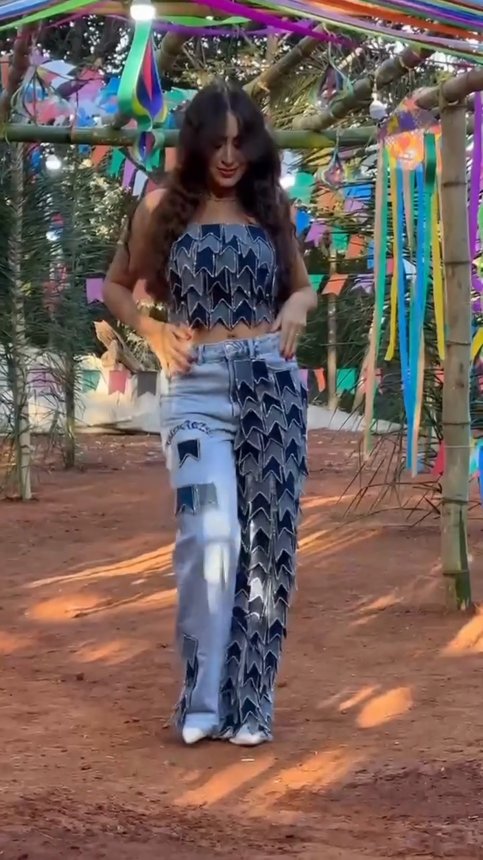 Denim Off-Shoulder Cropped Top and Wide-Leg Pants Set
