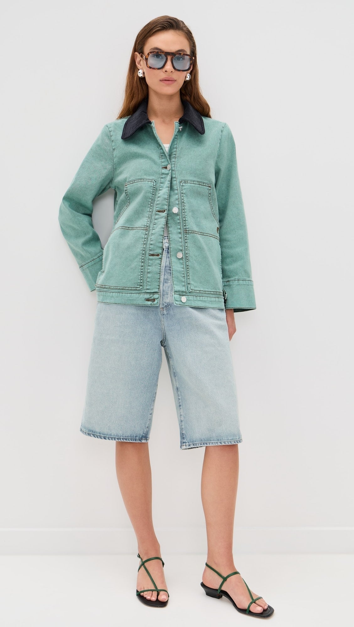 Teal Denim Jacket with Contrast Collar