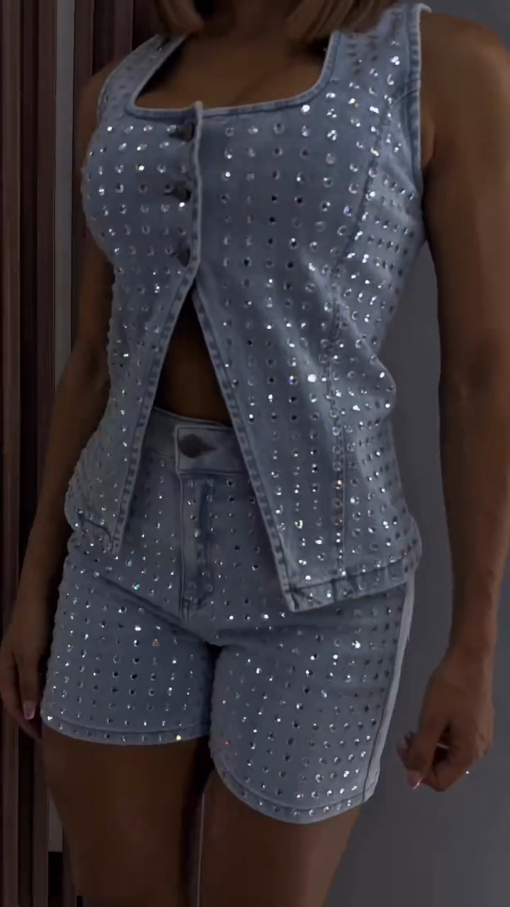 Light Blue Embellished Denim Vest and Shorts Set