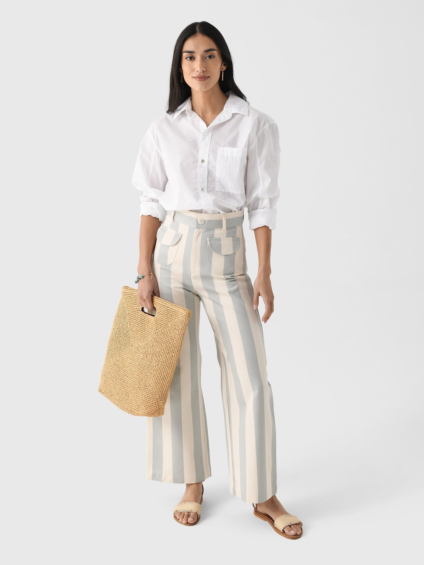 Light Grey and Beige Striped Wide - leg Pants