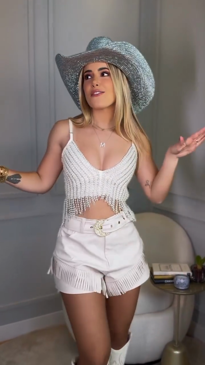 White Fringe - Embellished Crop Top and Shorts Set