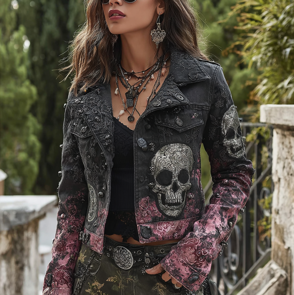A Retro Women's Black-pink Gradient Denim Jacket With Gothic Skull And Floral Elements Design For Halloween.